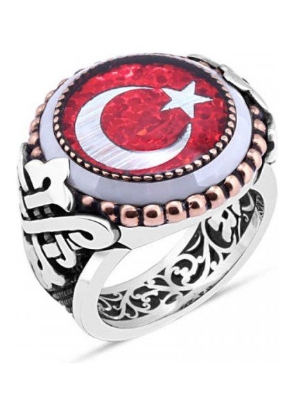 925 Ayar Gümüş Mineli Türk Bayrağı Kenarı Çember Taşlı Erkek Yüzük