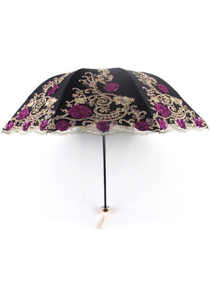 Dantel Katlanır Kadın Yağmur Şemsiye Kızlar Şemsiye Etkinlik Düğün Su Geçirmez Anti-Uv Şemsiye Paraguas Guarda Chuva Sombrinha (Siyah) (Yurt Dışından)