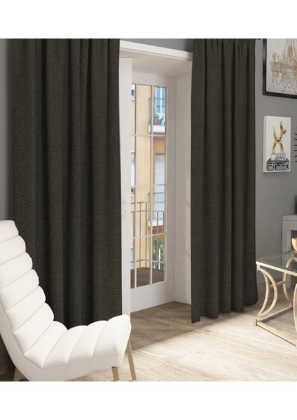 Modern Hasır Keten Fon Perde - Pilesiz Dikim - Koyu Kahve 71145752