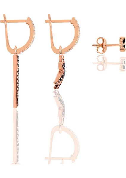 Gümüş Rose Onix Taşlı Piramit Kombin Üçlü Küpe Seti fiyatları