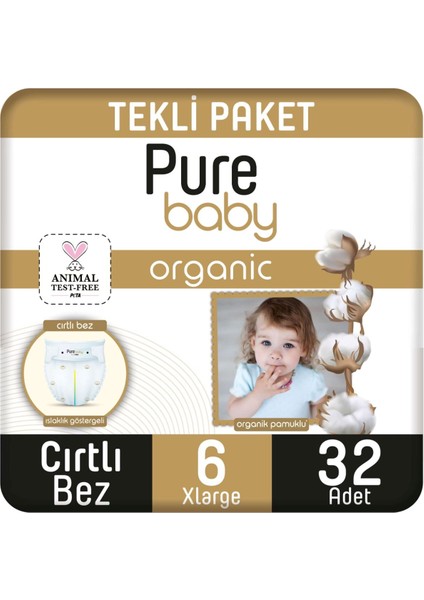 Pure Baby Organik Pamuklu Cırtlı Bez Tekli Paket 6 Numara Xlarge 32 Adet