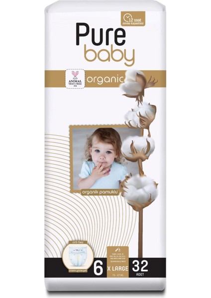 Pure Baby Organik Pamuklu Cırtlı Bez Tekli Paket 6 Numara Xlarge 32 Adet