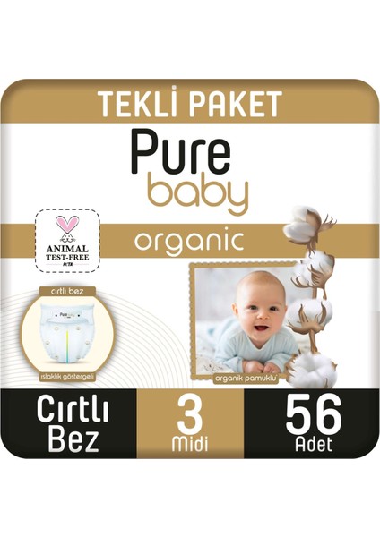 Pure Baby Organik Pamuklu Cırtlı Bez Tekli Paket 3 Numara Midi 56 Adet