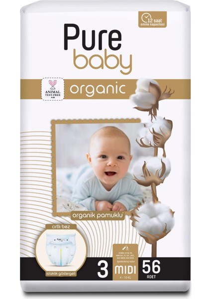 Pure Baby Organik Pamuklu Cırtlı Bez Tekli Paket 3 Numara Midi 56 Adet