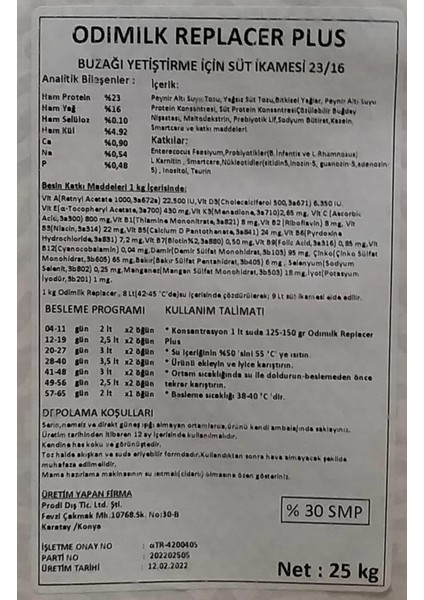 Kuzu Buzağı Oğlak Maması Süt Ikame Tozu 23PROTEIN-16YAĞ 25 kg