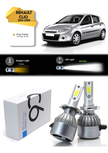 Renault Clio Kısa Far Led Xenon Şimşek Etkili 2006 Ve Üzeri