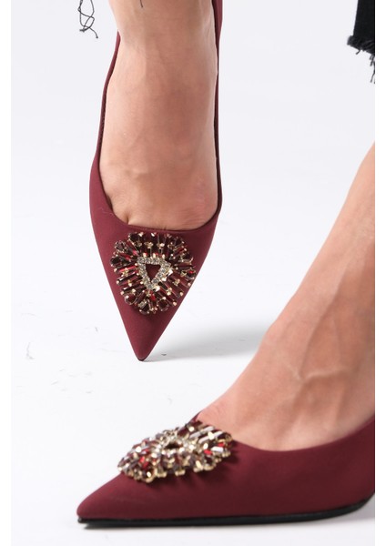 Alexandra Bordo Renk Kristal Taşlı Mat Saten Kumaş Kadın Abiye Stiletto Ayakkabı fiyatları