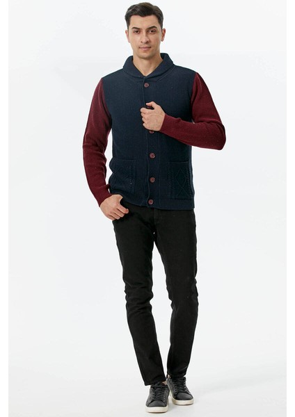 Şal Yaka Düğmeli Triko Hırka - Lacivert - Bordo