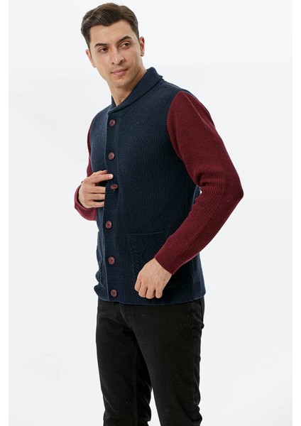 Şal Yaka Düğmeli Triko Hırka - Lacivert - Bordo fiyatları