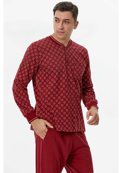 Örme Detaylı Desenli Pijama Takım - Bordo