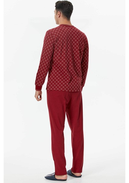 Örme Detaylı Desenli Pijama Takım - Bordo