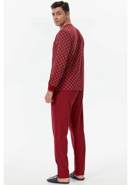 Örme Detaylı Desenli Pijama Takım - Bordo