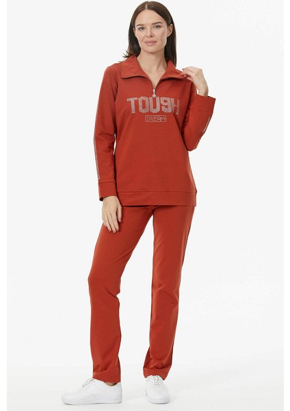 Yarım Fermuarlı Taş Detaylı Eşofman Takım - Kiremit fırsatları