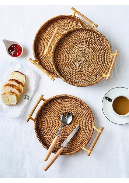 Rattan Yemeği Tabağı El Dokuma Depolama Sepeti Kesme Plakası Gıda Depolama Plakası Kolu Plaka Kahvaltı Içecek Snack Kahve Çay Depolama Tepsileri (Yurt Dışından) fırsatları