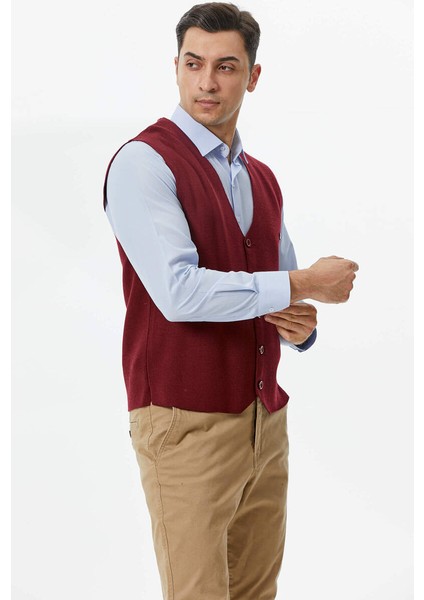Klasik Triko Düğmeli Triko Yelek - Bordo fırsatları