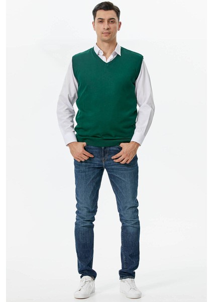Erkek V Yaka Kolsuz Triko Kazak - Yeşil