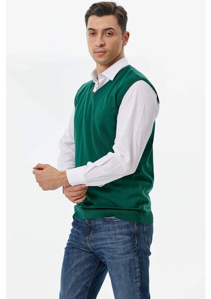 Erkek V Yaka Kolsuz Triko Kazak - Yeşil fiyatları