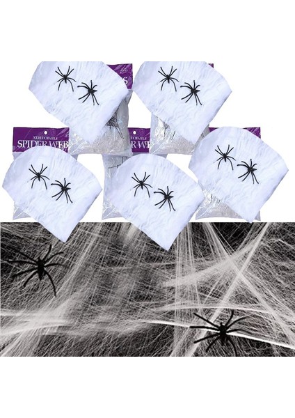 5 Paket Halloween Cadılar Bayramı Için Beyaz Renk Örümcek Ağı Seti 20 gr