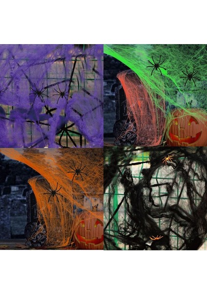 4 Paket Halloween Mor-Yeşil-Turuncu-Siyah Renklerde Örümcek Ağı Seti 20 gr