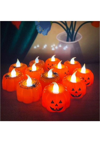 12 Adet Halloween Işıklı Gülen Yüz Balkabağı ve Örümcek Ağı Temalı Pilli LED Dekor Mumu Işığı