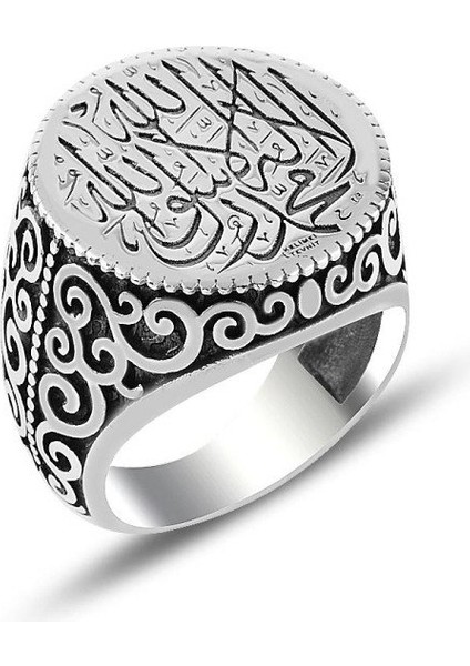 925 Ayar Gümüş Kelime-i Tevhid İşlemeli Kalem Motifli Erkek Yüzük