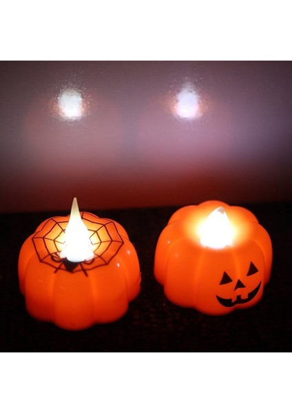 2 Adet Halloween Işıklı Gülen Yüz Balkabağı ve Örümcek Ağı Temalı Pilli LED Dekor Mumu Işığı