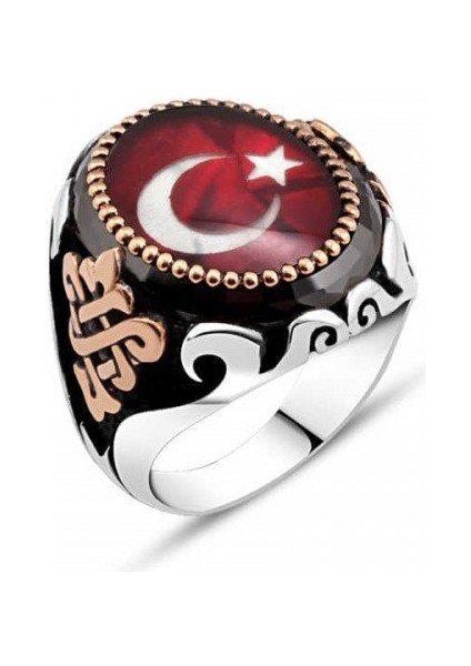Özel Tasarım Mineli Ay Yıldız Model Gümüş Erkek Yüzük