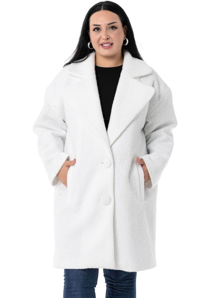 Büyük Beden Mono Yaka Fleto Cepli Kaplamalı Düğmeli Astarlı Beyaz Buklet Kaban fiyatları