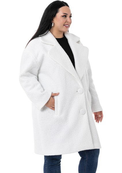 Büyük Beden Mono Yaka Fleto Cepli Kaplamalı Düğmeli Astarlı Beyaz Buklet Kaban indirimleri