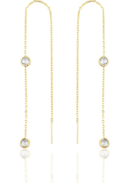 Gümüş Altın Yaldızlı Iki Taşlı Zincir Küpe