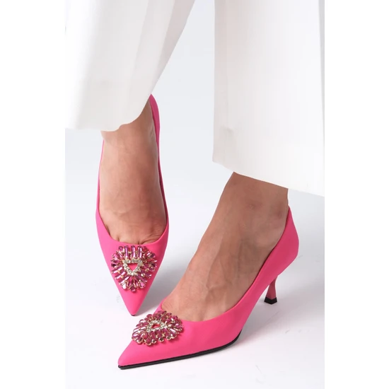 Mio Gusto Alexandra Fuşya Renk Kristal Taşlı Mat Saten Kumaş Kadın Abiye Stiletto Ayakkabı