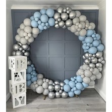 Trend Hediye Sepeti Krom Gümüş Pastel Duman Fırtına Mavisi Balon 50 Adet ve 5 M Balon Zinciri