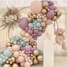 Trend Hediye Sepeti Krom Gold Somon Toz Pembe Kış Yeşili Balon 50 Adet ve 5 M Balon Zinciri