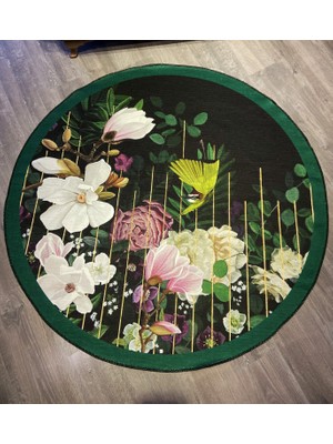 Rugs Modern Mira 808 Çiçek Desen Yeşil Dekoratif Kaymaz Taban Çap Yıkanabilir Halı