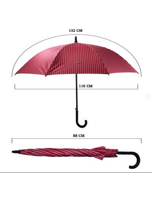 Sunlife 8 Telli Otomatik Fiberglass Baston Çizgili Kırmızı Renkli Yağmur Şemsiyesi