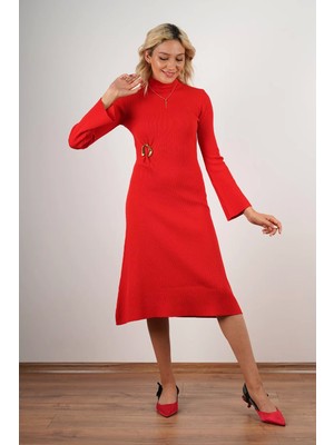 Key Moda Kadın Toka Detaylı Triko Elbise Kırmızı