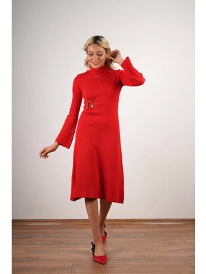 Key Moda Kadın Toka Detaylı Triko Elbise Kırmızı