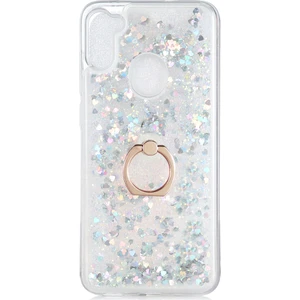 Samsung Galaxy A11 Kılıf Simli Sıvılı Kalplı Yüzüklü Milce Kapak