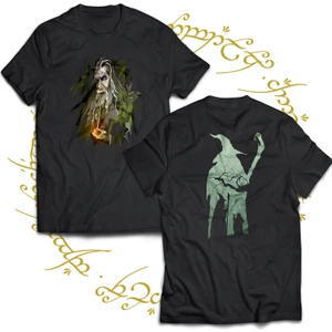 Lotr Gandalf Çift Baskılı %100 Pamuk Siyah Büyük Beden T-Shirt