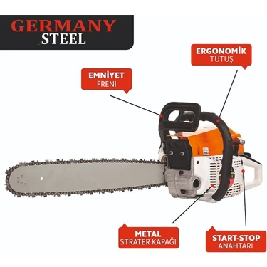 Germany Steel Benzinli Testere 7.9 Hp 62CC Ağaç Odun Dal Fiyatı
