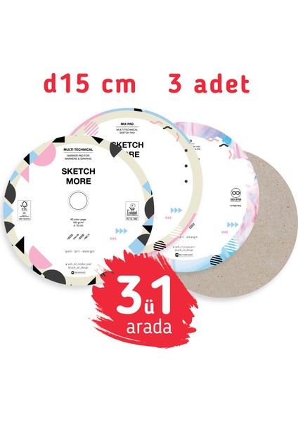 Super Kombo 3ü1 Arada Yuvarlak Albüm Seti D15 cm (Suluboya, Marker, Karışık Teknıkler!)