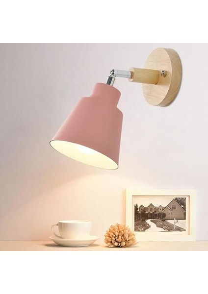 Nordic Kapalı Ahşap Duvar Lambası BEDSIDEE27 Aplik Duvar Işık Yatak Odası Koridor Için 4 Renk Zip Anahtarı Serbest Döndürülebilir (Pembe)