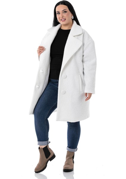 Büyük Beden Mono Yaka Fleto Cepli Kaplamalı Düğmeli Astarlı Beyaz Buklet Kaban fırsatları