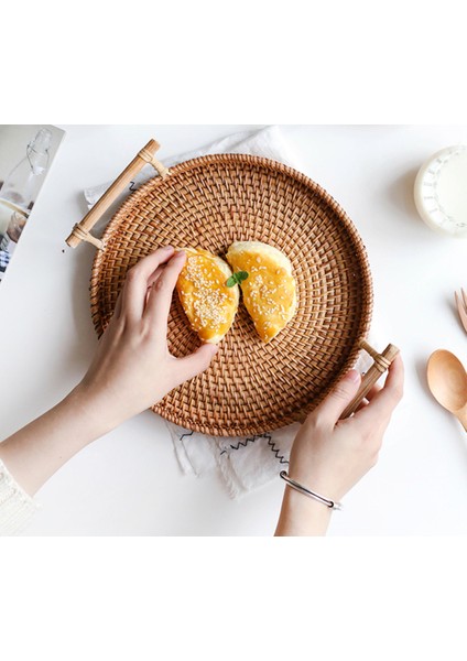 Handwoven Rattan Depolama Tepsisi Ahşap Saplı (Yurt Dışından)