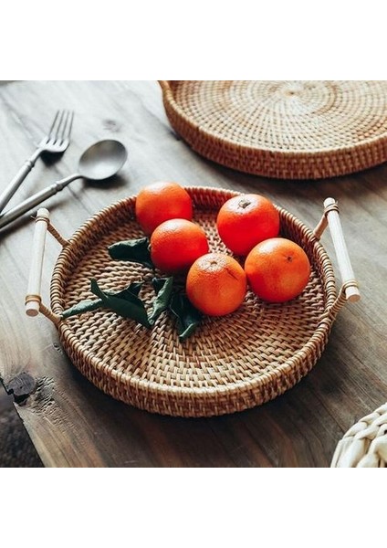 Yuvarlak El Dokuma Meyve Depolama Sepeti Rattan Ekmek Servis El Işi Tepsi Tabağı ile Ahşap Saplı Klasik | Depolama Tepsileri (22CM)(Yurt Dışından)