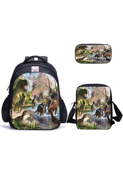 3 Adet / Takım Dinozor Sırt Çantası Anime 3D Baskı Okul Çantası Oxford Satchel ile Kalem Çantası Messenger Çanta