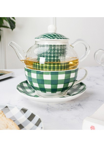 Seramik Çay Için Bir Set Damalı Tasarım Cam Çaydanlık Ince Kemik Çini Saucer Teacup Çay Stainer Infuser Teaware Hediye Kutusu ile | Teaware Setleri