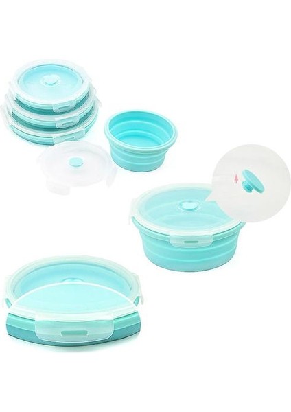 Yuvarlak Bento Kutusu Öğle Yemeği Kutusu Silikon Katlanır Gıda Konteyner Pembe 350/500/800 ml 3 Parça Set