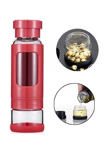 Taşınabilir Çay Tumbler Su Şişesi Çıkarılabilir Çay / Meyve Demlik ve Çay Saklama Bölmesi (Kırmızı) ile 400ML