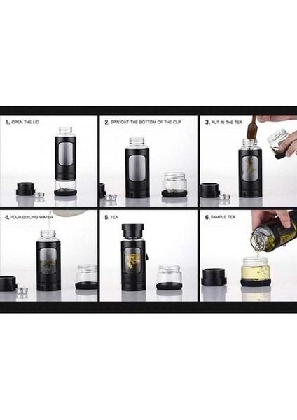 Taşınabilir Çay Tumbler Su Şişesi Çıkarılabilir Çay / Meyve Demlik ve Çay Saklama Bölmesi (Siyah) ile 400 ml